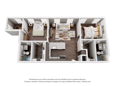 a stylized 3d floor plan with a bedroom and a living room